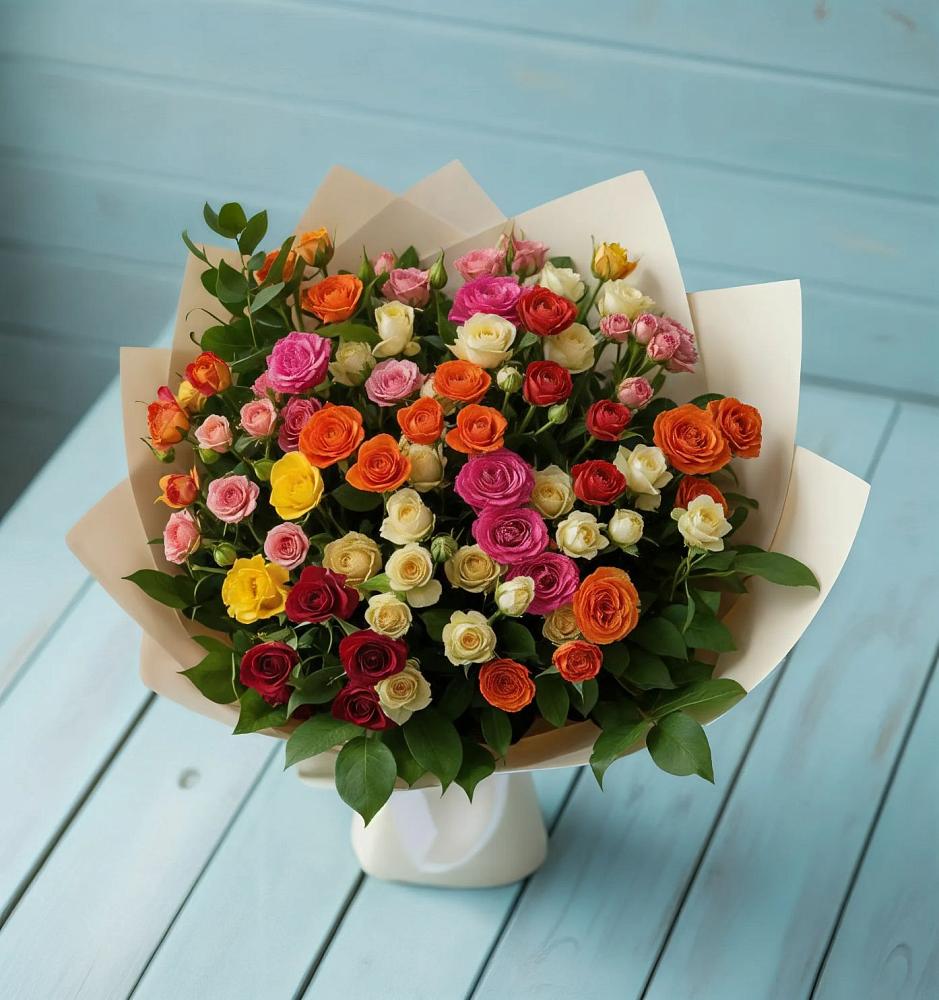 Букет Микс из разноцветных кустовых роз в Алешня