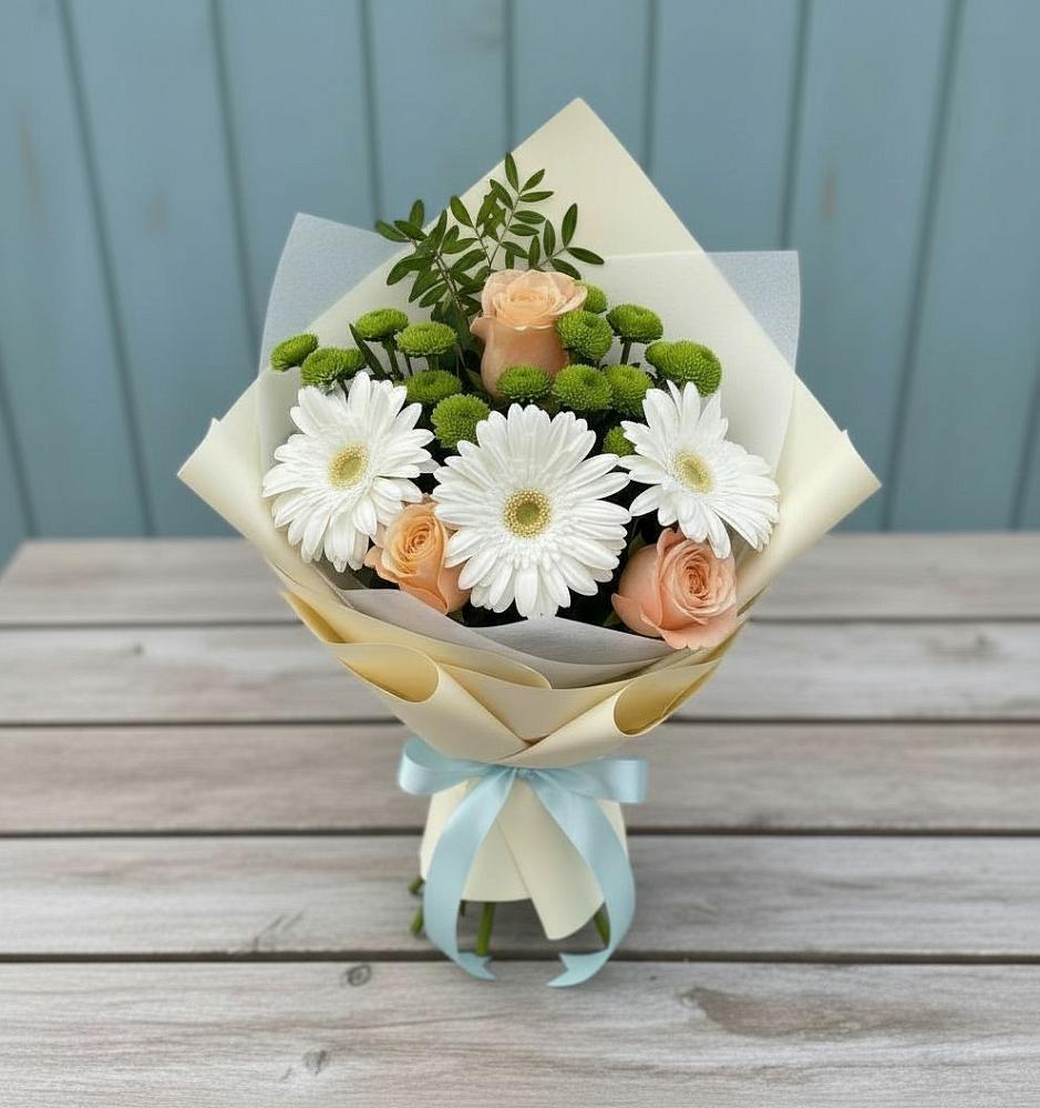 Букет цветов из: Герберы, Розы и Хризантемы в Алешня
