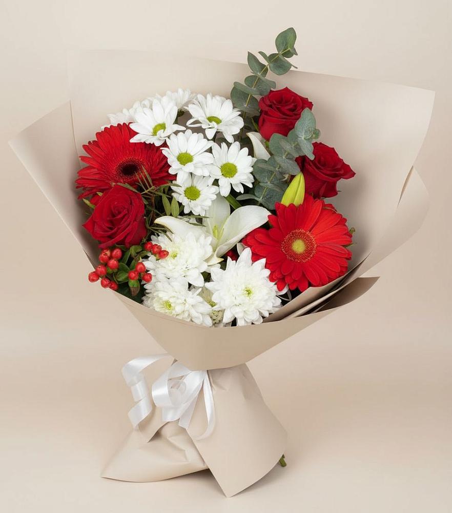 Букет цветов из: Розы, Хризантемы, Герберы и Лилии в Алешня