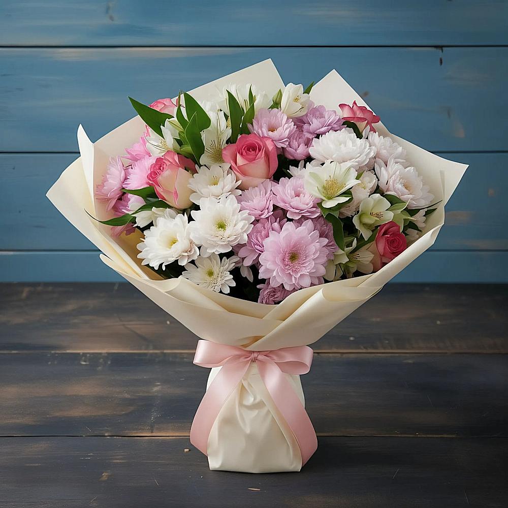 Букет цветов из: Хризантемы, Альстромерии и Розы в Алешня